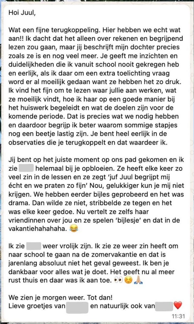 Origineel WhatsApp-bericht van een ouder: Een fijne terugkoppeling en een kind dat weer zin heeft in school