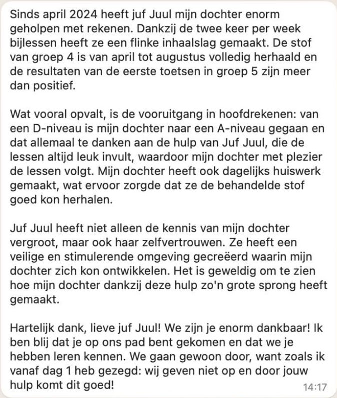 Origineel bericht van een ouder over de vooruitgang bij hoofdrekenen, van D-niveau naar A-niveau