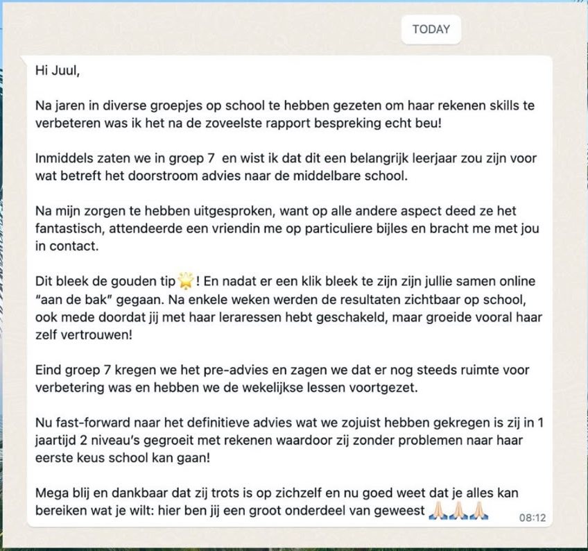 Origineel bericht van een ouder: Twee niveaus gegroeid met rekenen en naar de eerste keus school